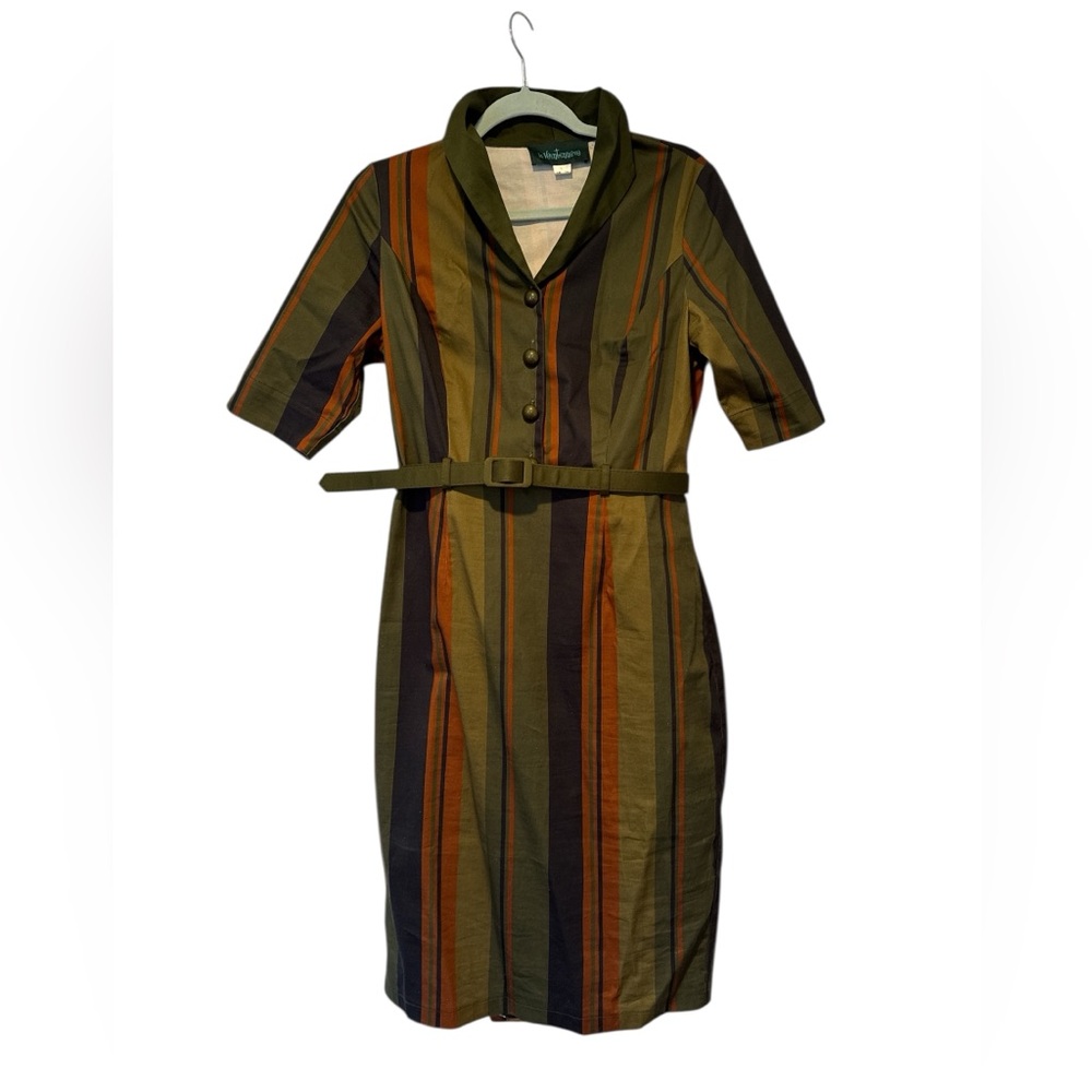 La Veintinueve Green and Orange Buttoned Midi Dress